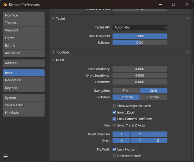Settings configuration guide Blender 3Dconnexion LU